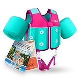 AEOCOO Kids Pool Floaties 1-2-3-5-7-9 Years Old, Toddler Swim Vest 20-30-50-70 Pounds, Comfortable Extended Wear Kids Float Jacket with Crotch Strap, Bright Design and Unpadded Sides, Pink