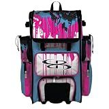 Boombah Rolling Superpack Baseball/Softball Gear Bag - Telescopic Handle - Holds 4 Bats - Wheeled Version - Graffiti Drip Columbia Blue/Fluorescent Pink/Black