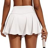 PINSPARK Pleated Tennis Skirts for Women with Pockets Golf Skort Built-in Shorts High Waisted Athletic Skorts White M