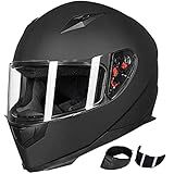 ILM Full Face Motorcycle Street Bike Helmet with Removable Winter Neck Scarf + 2 Visors DOT Model-JK313 (M, Matte Black)
