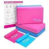 Yoga Blocks 2 Pack Kit with Resistance Bands & Guide: Non-Slip EVA Foam Block - Ideal Stretching Equipment for Home Workouts, Dance, Ballet, Gymnastics, Pilates, Exercise - Stretch Strap Stuff Props