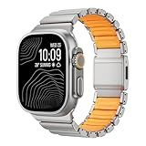Luxury Titanium Silicone Dual-Layer Link Bands Compatible with Apple Watch Band Ultra 3/2/1 49mm 46mm 45mm 44mm 42mm, Men Women Magnetic Clasp Metal Bracelet for iWatch Series 11 10 9 8 7 6 5 4 SE (Titanium-Orange, 49mm/46mm/45mm/44mm/42mm(Series 3))