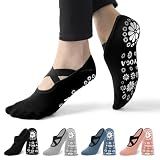 Qincycle Yoga Socks, Pilates Socks for Women, 4 Pairs Non-Slip Grips Straps Athletic Socks for US 7-10, Black Grey Blue PINK