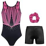 JOYSTREAM Gymnastics Leotards for Girls With Shorts Sparkly Ballet Dance Activewear Rose-red Line,6-7Years