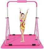 Safly Fun Gymnastics Bar with Mat for Kids 3-9, Foldable & Adjustable 35"-51", Supports 142Lbs with Pad, Easy to Assemble, Gymnastics Equipment for Indoor/Outdoor Training