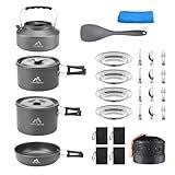 THTYBROS 27pcs Camping Cookware Mess Kit for 2-4 People, Portable Cookware Set with Kettle, Pots & Pans, Stainless Steel Utensils, Plates, Dishware for Backpacking, Picnic, Outdoor Adventures