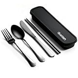 Travel Utensils with Case, Quatish 5 Piece Stainless Steel Silverware Set for Work, Portable Reusable Travel Cutlery Set, Fork and Spoon Set for Picnic, Camping, Gadgets, Lunch Box for Men, Black