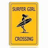 Surfer Girl Crossing Metal Sign - Surfboard Wall Art for Beach Room Decor, Surfer Gifts for Women and Teen Girls, Cool Surfing Room Decor, 8"x12" Tin Sign