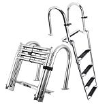 4 Step Pontoon Boat Ladder, Stainless Steel Telescoping Heavy Duty Pontoon Swim Boarding Ladder for Outboards, Yacht, Fishing Boat, Swimming Pool Dock Ladder, with Nonslip Steps ﻿