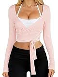 Danysu Ballet Wrap Tops Long Sleeve Cross Tie Crop Shirts for Women Deep V-Neck Dance Clothes Y2K Fall Cardigans Blush L