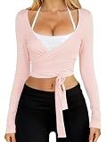 Danysu Ballet Wrap Tops Long Sleeve Cross Tie Crop Shirts for Women Deep V-Neck Dance Clothes Y2K Fall Cardigans Blush L