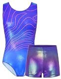 TENVDA Gymnastics Leotards for Girls Bodysuits Sets Size 5-6 Years Old Sparkle Blue Lines Tumbling Outfit Matching Shorts