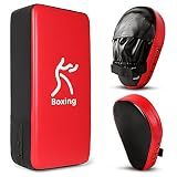 Odoland 2-in-1 Punching Mitts Kick Pack Set, Boxing Mitts Focus Pads, Taewondo Kick Pad, Great for Boxing, Kickboxing, Karate, Muay Thai, MMA Training, Black/Red