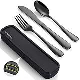 Travel Utensils with Case, 4-Piece Stainless Steel Portable Cutlery Set, Reinforced Case with Buckle Design, Lunch Box for Camping Work School, Include Fork Spoon Knife, Dishwasher Safe, Black