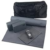 Clever Yoga 7-Piece Yoga Kit for Women & Men - 6mm Cushioned Non-Slip Mat, 2 Foam Blocks, 8ft Strap, Microfiber Mat & Hand Towels, Carrying Bag, Starter Set for Home Workouts, Yoga Set - Gray