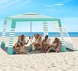 Rhino Valley Beach Cabana, 8 * 8FT Beach Tent UPF50+ Protection, Easy Setup Beach Canopy Wind Resistant with Cup Holder, Compact Beach Shade Foldable Beach Tent Sun Shelter, Green White