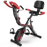 pooboo Folding Exercise Bike, Fitness Stationary Bike Machine, Upright Indoor Cycling Bike, 4-in-1 Magnetic X-Bike with 8-Level Adjustable Resistance, Bottle Holder, Arm Resistance Bands, Pulse Sensor & Back Support Cushion for Home Gym Workout (red)