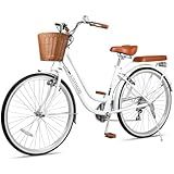 EISYROOD 26 Inch Beach Cruiser Bike for Women, Hybrid Womens Bike with 7 Speed, Adjustable Seat, Lightweight Women Beach Cruiser Bike with Anti-Skid Tires, V-Brakes (Double Bar, White)