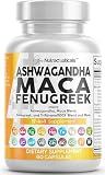 Clean Nutraceuticals Ashwagandha Maca Root Fenugreek Supplement with Tongkat Ali Ginseng - Assists with Stress, Mood & Thyroid - Ashwagandha Capsules Fenugreek Caps