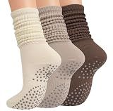 Horuru Pilates Socks with Grips for Women, Yoga Barre Slouch Socks 3 Pairs | Long,Non Slip, Cotton, Gripper, Breathable, Scrunch Style, Adjustable Length, Black, White, Pink, Boots, Clogs, Hospital,Home