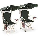 VTOY Lawn Chairs，Camping Canopy Chair Foldable W/Sun Shadefor Beach Camping Folding Outdoor Fishing/Sports|with Two Cup Holder and Storage Bag.(2Pack Olive Green)