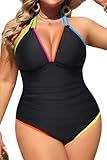 Aqua Eve Plus Size Swimsuits One Piece Bathing Suit for Women Tummy Control Sexy Halter Swimwear Colorful Black 18W