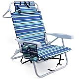 Yestomo Beach Chairs for Adults Heavy Duty, Compact Portable Lay Flat Folding Chair with Backpack Straps and Large Cooler Pouch, Support to 350LBS (Stripes_Blue&Cyan)