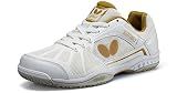Butterfly Lezoline Rifones Shoes, Table Tennis Shoes for Men or Women, Athletic Support, Flexibility, Shock Absorbing Cushion, Gripping Ping Pong Shoe, White/Gold, 9.5
