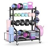 PLKOW Dumbbell Weight Rack, Home Gym Storage for Kettlebells Yoga Mat and Balls, All in One Workout Storage with Wheels and Hooks, Powder Coated Finish Steel