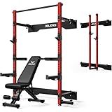 Folding Squat Rack, Wall Mounted Power Rack for Home Gym, Space Saving Multi-Functional Power Cage with Attachments (Red, Weight Bench Package)