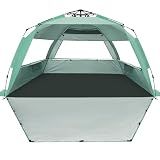 WhiteFang Deluxe XL Pop Up Beach Tent Sun Shade Shelter for 3-4 Person, UV Protection, Extendable Floor with 3 Ventilating Windows Plus Carrying Bag, Stakes, and Guy Lines (Mint Green)