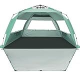WhiteFang Deluxe XL Pop Up Beach Tent Sun Shade Shelter for 3-4 Person, UV Protection, Extendable Floor with 3 Ventilating Windows Plus Carrying Bag, Stakes, and Guy Lines (Mint Green)