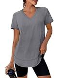 Summer Tops for Women 2026 Short Sleeve Workout Clothes Athletic Shirts Pilates Outfits Camisetas Deportivas para Mujer V Neck Grey L