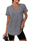 Short Sleeve Shirts for Women Workout Yoga Tops Sun Protection Clothing Summer Outfits Rash Guard Side Slit V Neck Grey XL