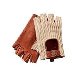 Hanotolo Fingerless Driving Gloves for Men– Soft Lambskin Leather, Crochet String Back,Cognac,L