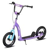 JOYSTAR Kick Scooter for Kids 5+ Teens & Youth, Lightweight Kids Scooter with Adjustable Handlebar, 2 Wheel Scooter for Boys & Girls, 12" Inflatable Wheels Rear Drum Brakes, Purple