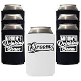 Groom and Groomsmen Can Coolers – Groom’s Drinking Team Beer Can Coolers for Bachelor Party and Wedding Gifts (6, Wht Groom, Blk DT)