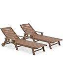 SERWALL Patio Chaise Lounge Chair Set of 2, 78'' Long HDPE Outdoor Lounger, 5 Positions Adjustable Poly Lounge Chair with Rolling Wheels & Cup Holder for Pool, Brown