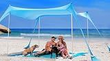 SUN NINJA Beach Tent Sun Shelter UPF50+ - Easy Pop Up Beach Canopy - Outdoor Shade for Camping Trips, Fishing, Backyard Fun Picnics - Sand Shovel, Ground Pegs & Stability Poles