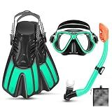 CTSAYTL Snorkeling Gear for Kids, 4 in 1 Childs Mask Fins Snorkel Set with Panoramic View Anti Fog Mask, Dry Top Snorkel, Trek Fins and Travel Bag, Kids Snorkel Set with Fins for Snorkeling Swimming