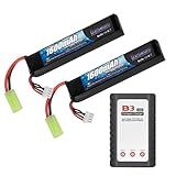 BESWON 2 Packs Airsoft Battery 11.1V Rechargeable 1600mAh 30C Lipo Battery with Mini Tamiya Connector，2S-3S Balance Charger for Airsoft Guns Rifle