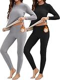 HeliosCloak 2 Sets Thermal Underwear for Women Long Johns With Double-Sided Fleece Lined Long Sleeve Top & Bottom Base Layer Cold Weather Black/Grey S