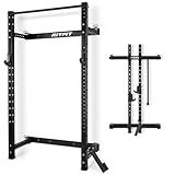 RitFit 2.36'' x 2.36'' Folding Squat Rack for Home Gym, Wall Mounted Squat Rack with Attachments - Space Saving Squat Power Rack, Black