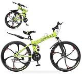Outroad 26 Inch Folding Mountain Bike, 21 Speed Full Suspension High-Carbon Steel MTB Foldable Bicycle, Dual Disc Brake Non-Slip Adjustable Seat Folding Bikes for Adults/Men/Women, LH-Green