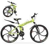 Outroad 26 Inch Folding Mountain Bike, 21 Speed Dual Disc Brake Non-Slip Folding Bikes, Full Suspension High-Carbon Steel MTB Foldable Bicycle for Adults/Men/Women, Green