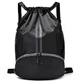 LOKAPEGY Black Drawstring Gym Bag for Men, Waterproof Drawstring Backpack for Women, Swim Bag with Shoes Compartment, Pull String Sport Bag for Soccer and Basketball.