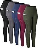 CHRLEISURE Leggings with Pockets for Women, High Waisted Tummy Control Workout Yoga Pants(5 Packs Black,Gray,Navy,Wine,JLGreen, L)