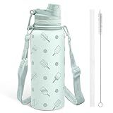 SANDJEST Pickleball Stainless Steel Water Bottle with Strap 32oz, Insulated Bottles with Straw and Spout Lid for Gym Sports Travel Outdoor, Gifts for Women Girls Birthday Christmas