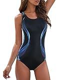Athletic One Piece Swimsuit Women Modest Criss Cross Back Bathing Suit Quick Dry Full Coverage Swimwear Long Torso Swim Suit Blue&Green XL