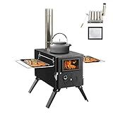 UNDUSLUY Portable Wood Burning Stove for Camping, Stainless Steel Chimney Pipe, Outdoor Heating & Cooking Hot Tent Stove for Hunting, Ice Fishing & Backpacking